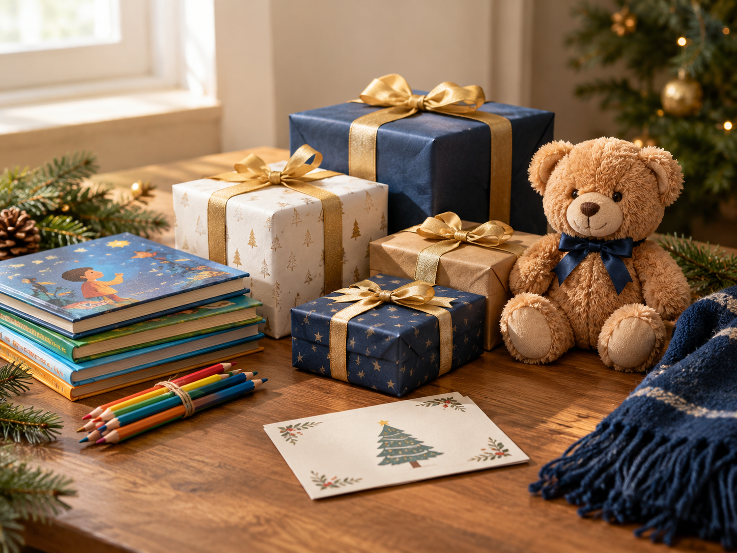 Wrapped Christmas gifts prepared for children