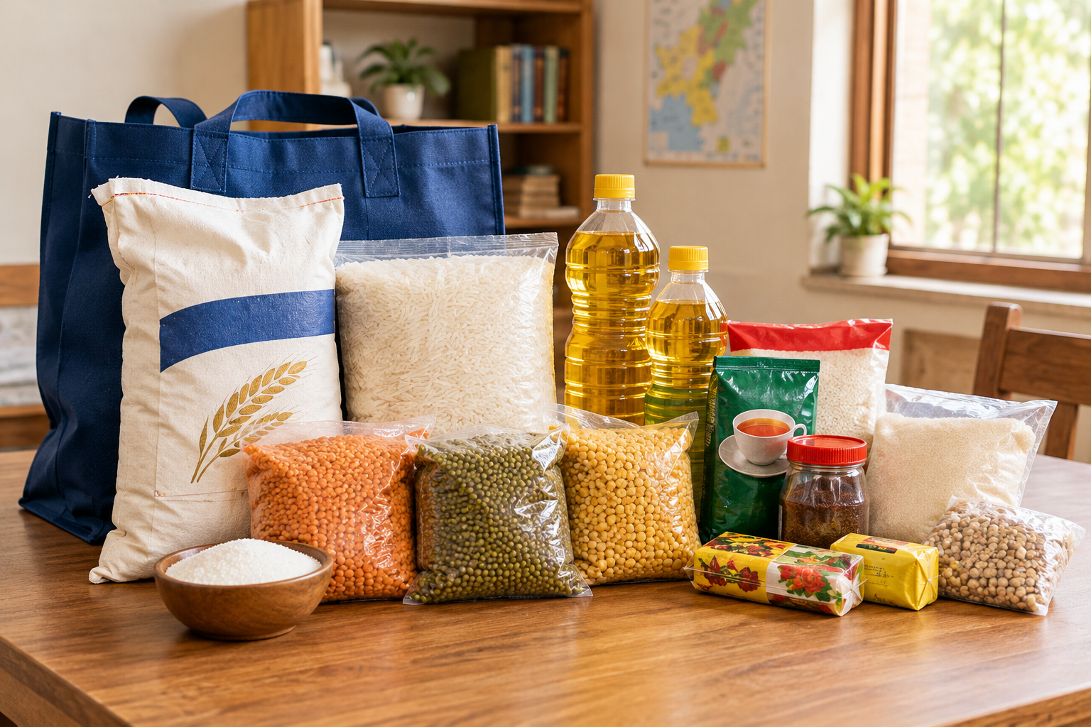 Packages of essential food supplies prepared for families