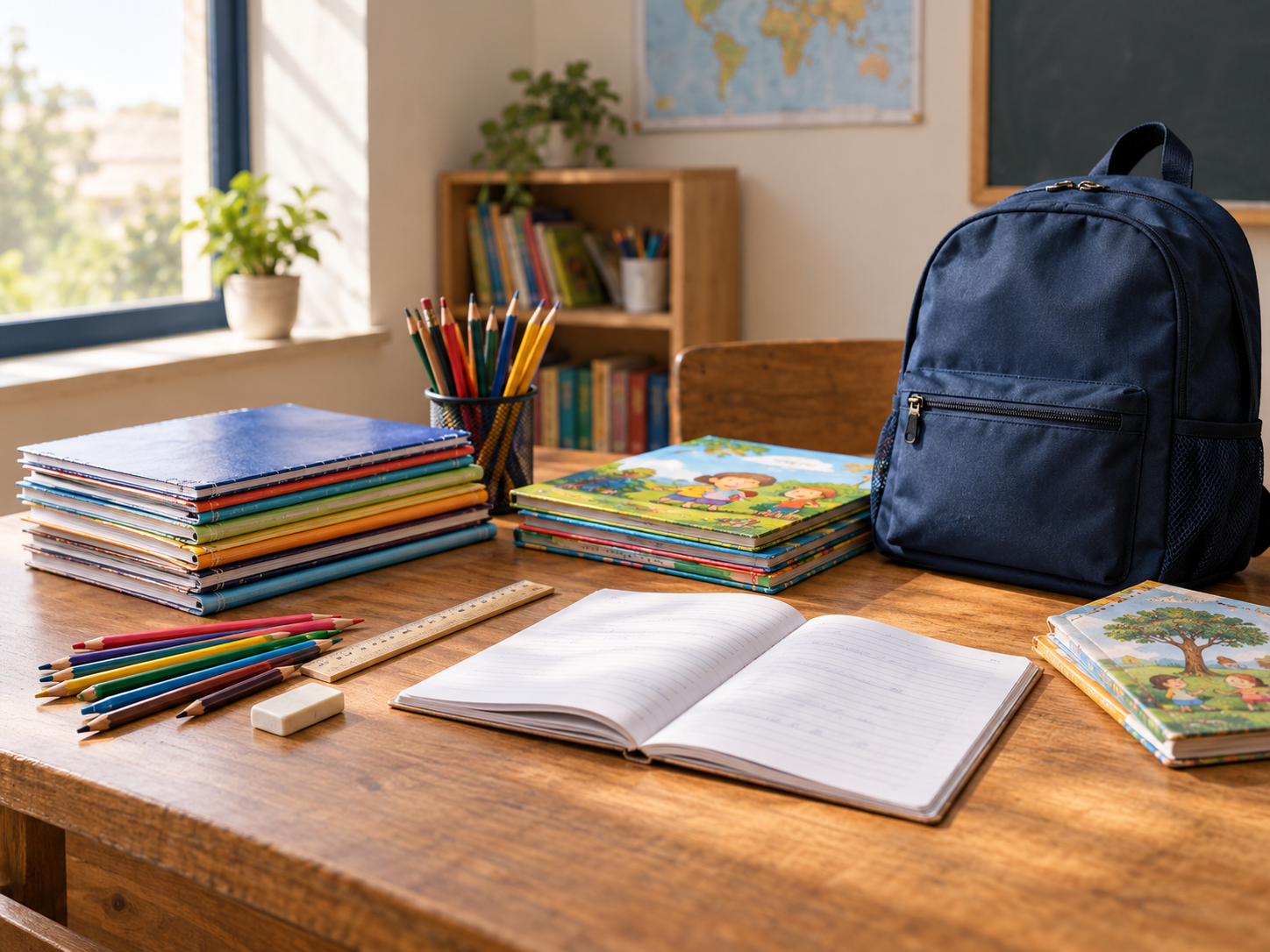Books, notebooks and pens arranged for children's learning