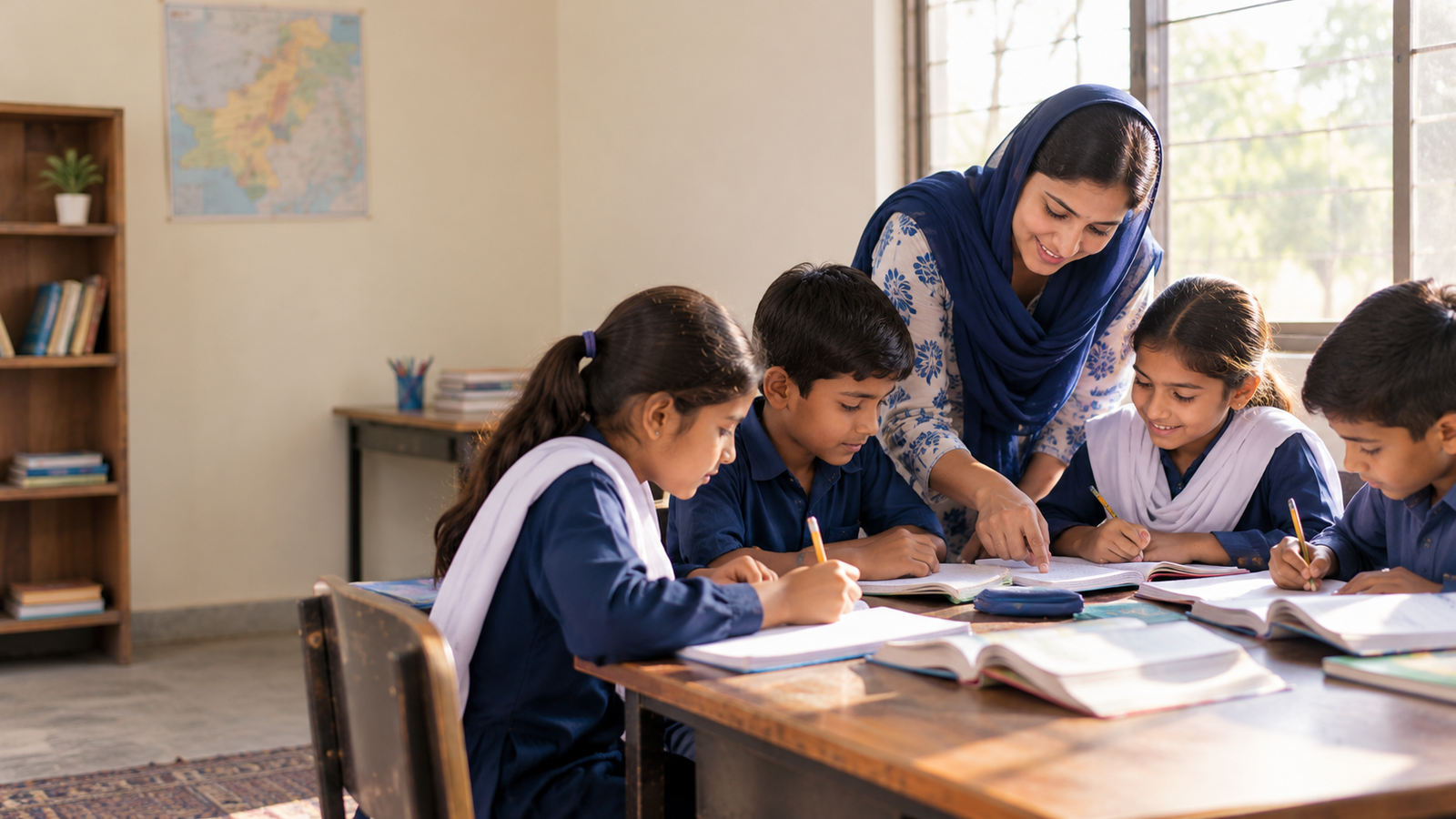 A tutoring session in a sunny classroom