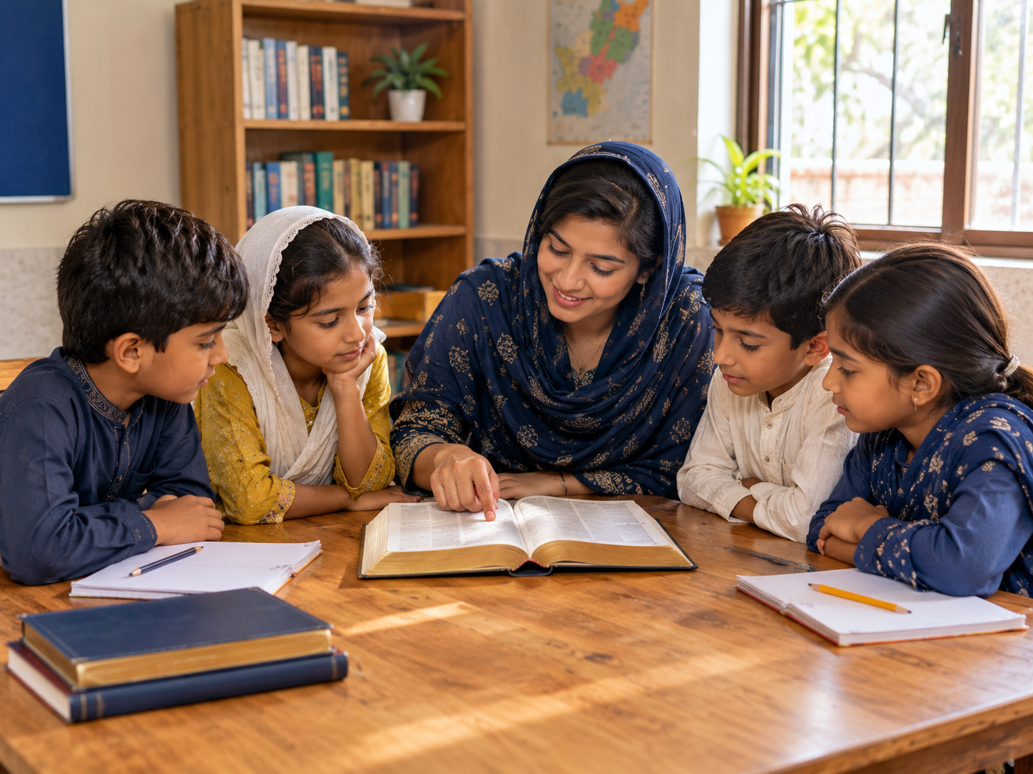 A Bible study session in a warm classroom