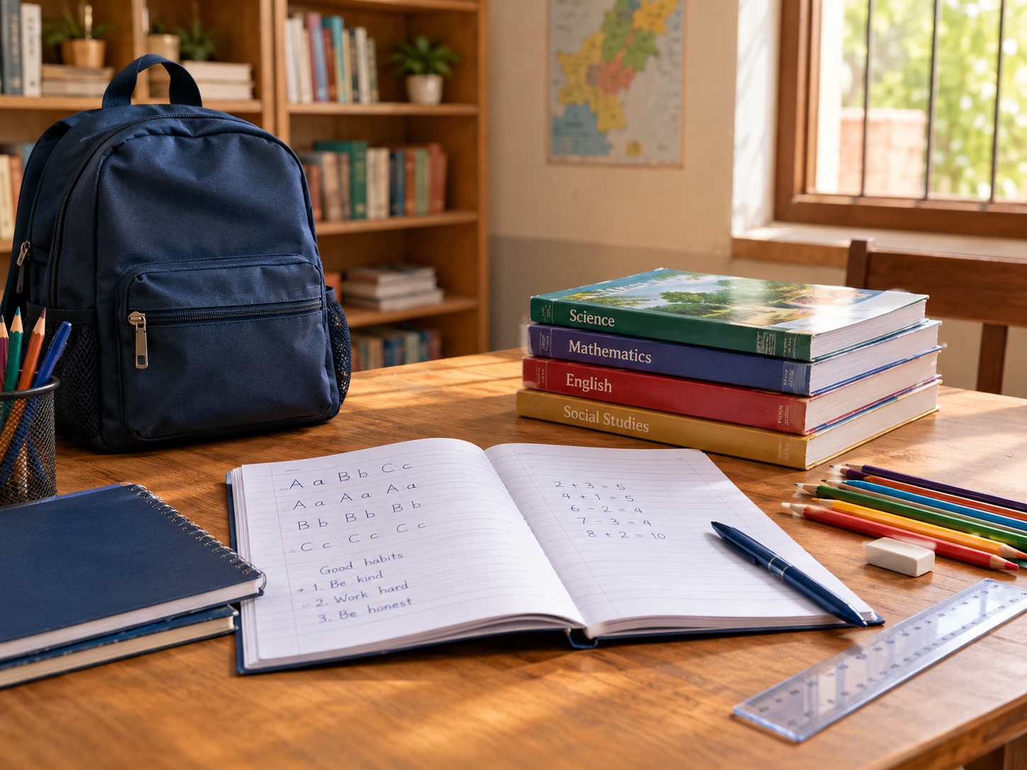 A warm study desk with school supplies